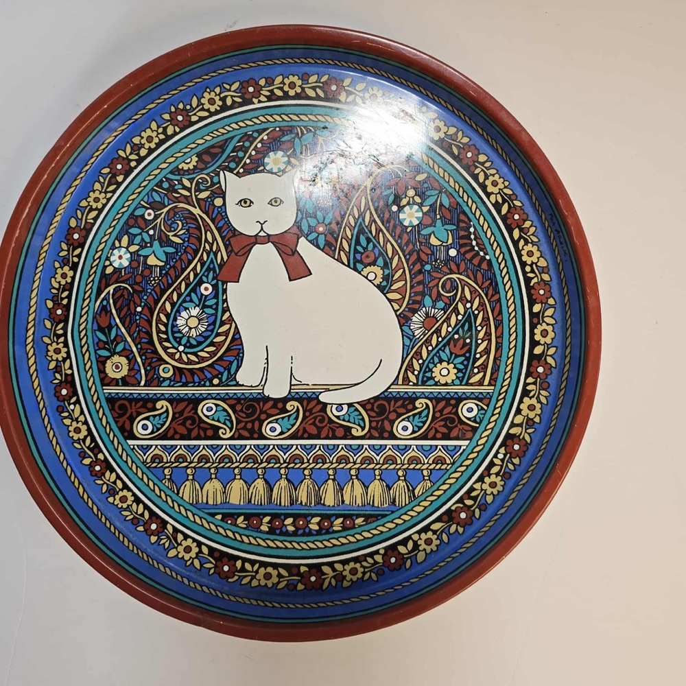 Vintage Retro Pat Albeck Litho Printed Tin Tray Cat 1970s 30cm Diameter Prop